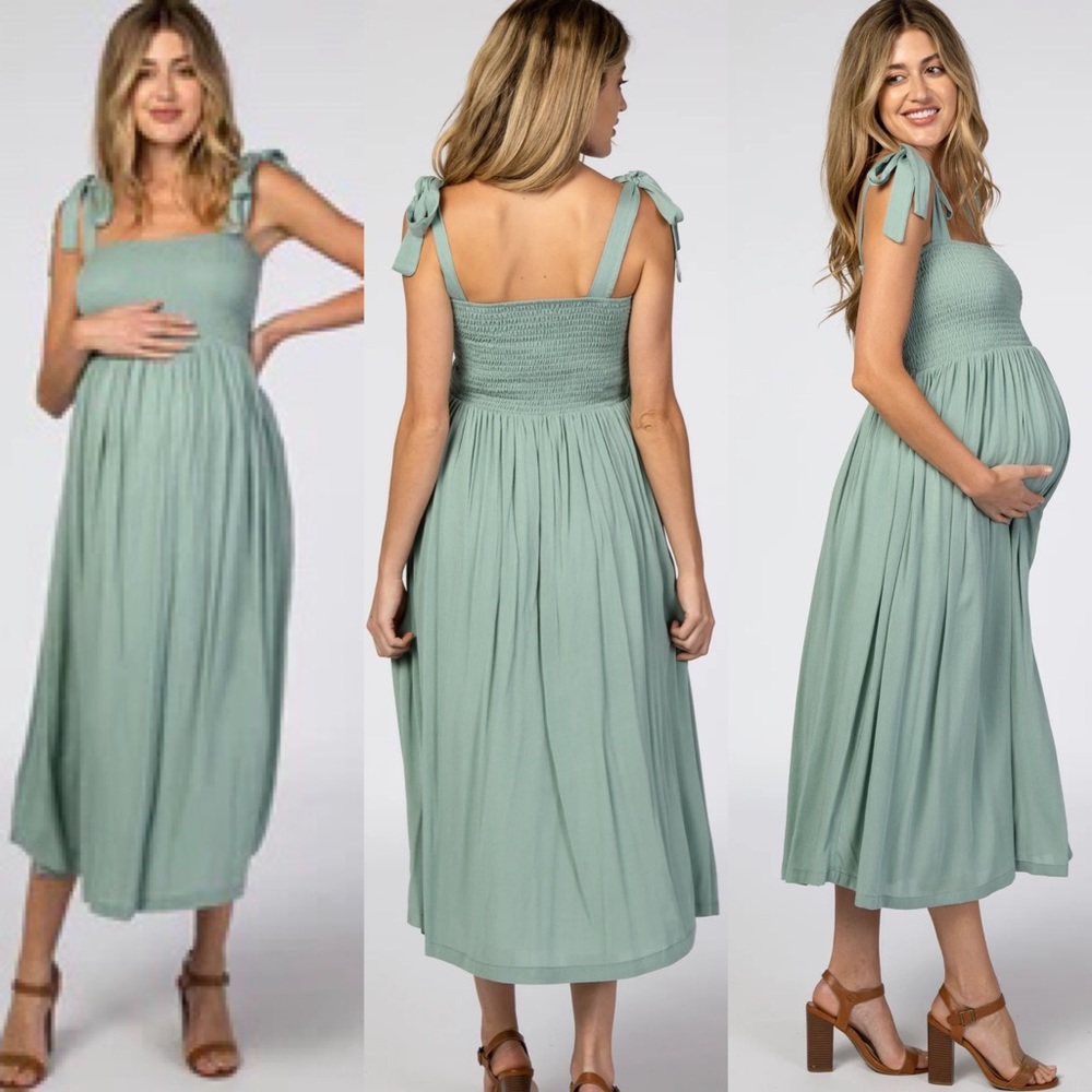 PINKBLUSH Mint Green Smocked Tie Strap Maternity Midi Dress